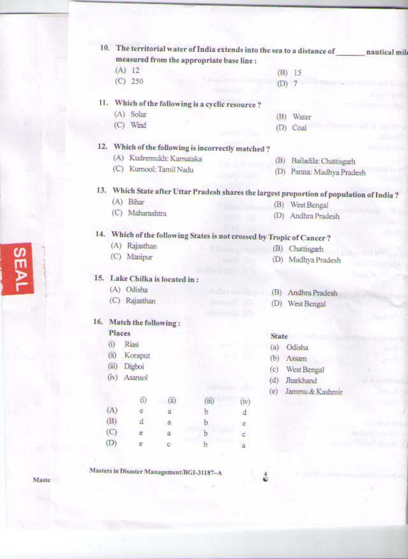 PU CET PG 2015: Masters in Disaster Management Question Paper - Page 13