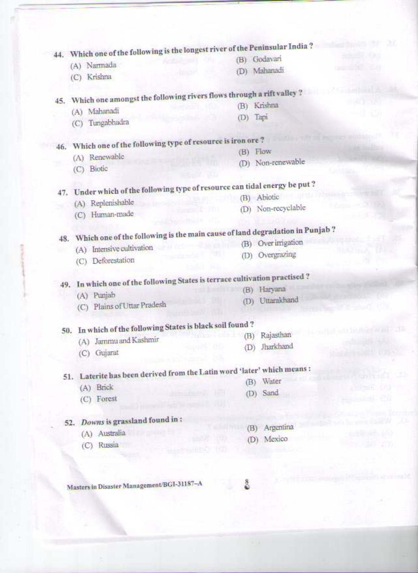 PU CET PG 2015: Masters in Disaster Management Question Paper - Page 17