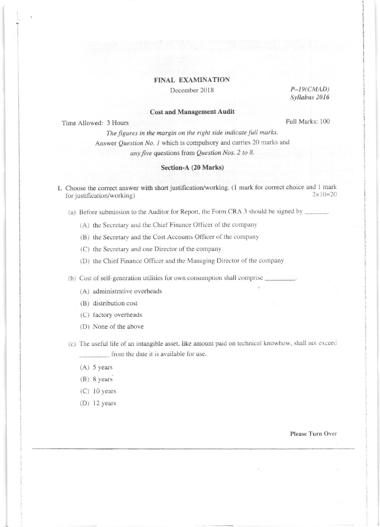 ICMAI Dec 2018 Cost and Management Audit Question Paper (Final) - Page 1