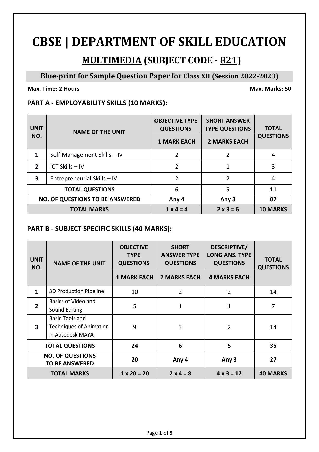 CBSE Class 12 Multi Media (Skill Education) Sample Papers 2023 - Page 1