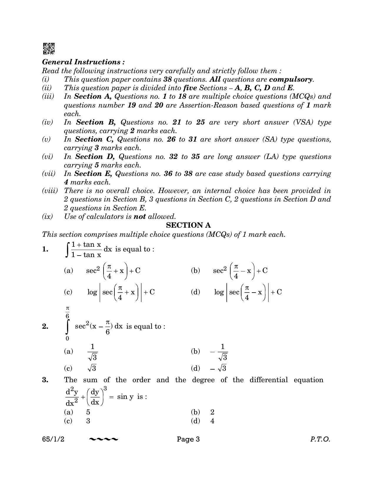 CBSE Class 12 65-1-2 MATHEMATICS 2023 Question Paper - Page 3
