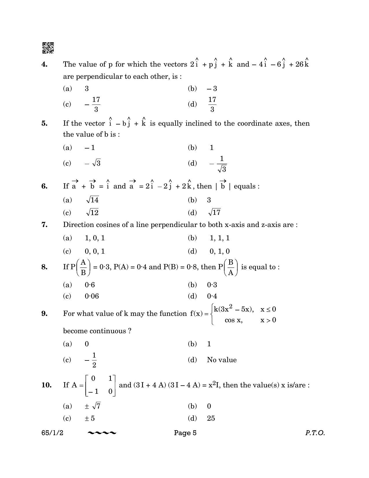 CBSE Class 12 65-1-2 MATHEMATICS 2023 Question Paper - Page 5