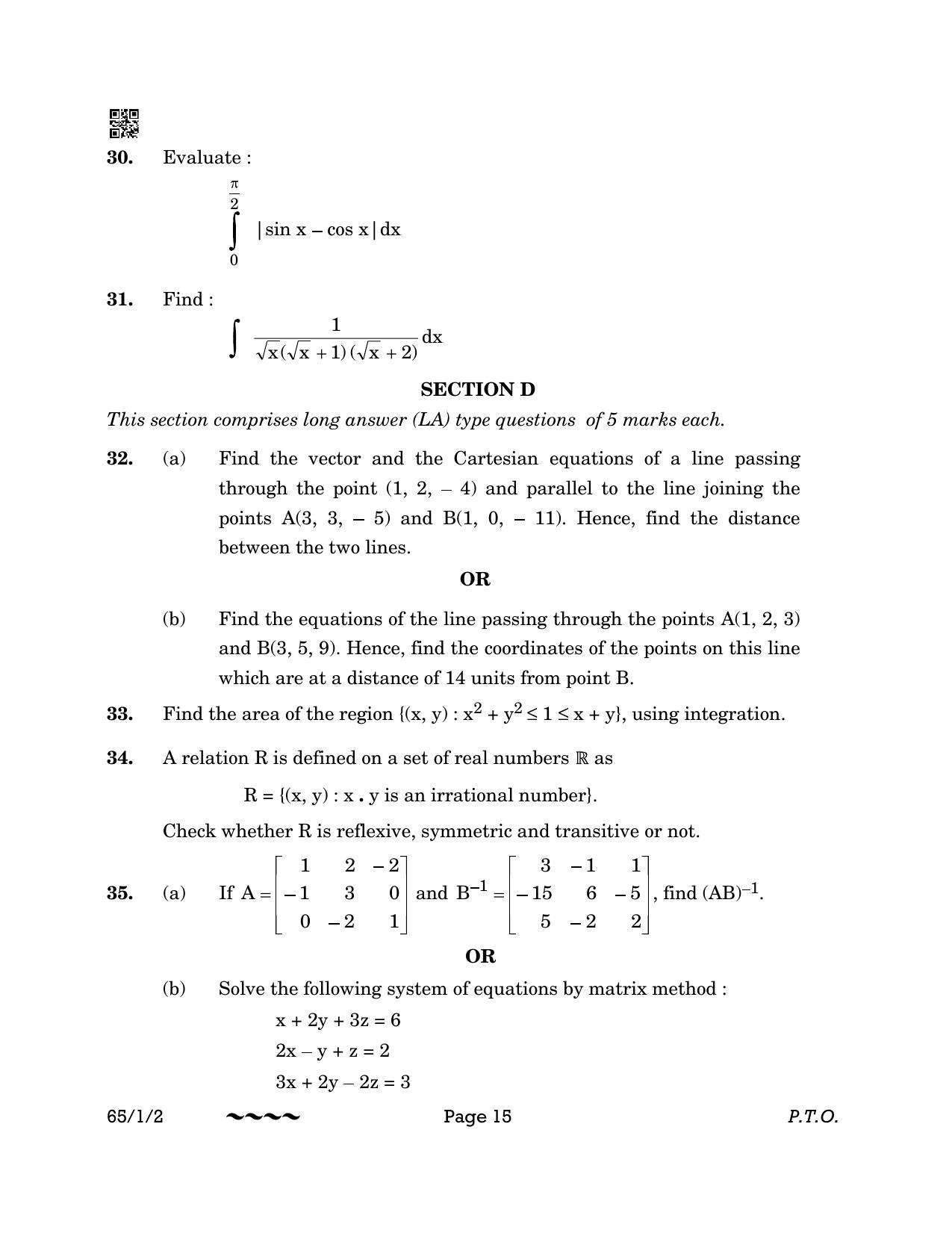 CBSE Class 12 65-1-2 MATHEMATICS 2023 Question Paper - Page 15