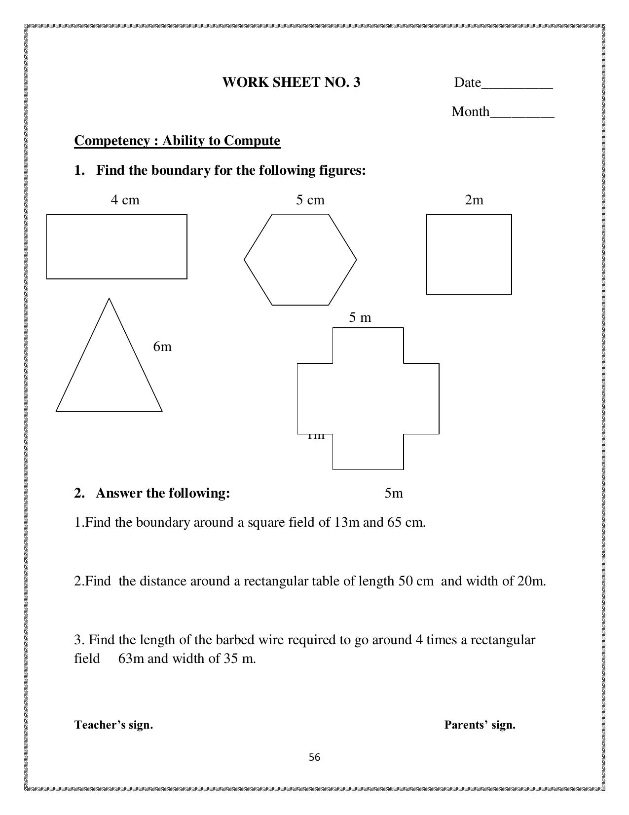 Worksheet for Class 4 Maths Fields and Fences Assignment 4 - Page 1