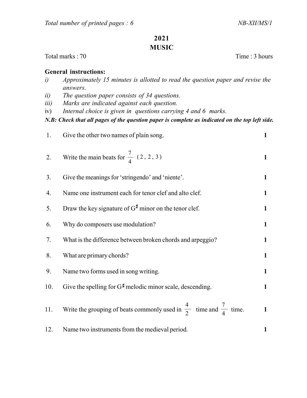 Nagaland Board Class 12 Music 2021 Question Paper - Page 1
