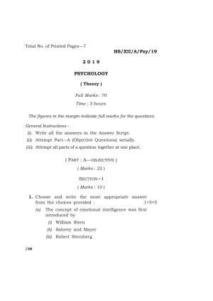 Meghalaya Board (MBOSE) Class 12 PSYCHOLOGY ( Theory ) 2019 Question Paper