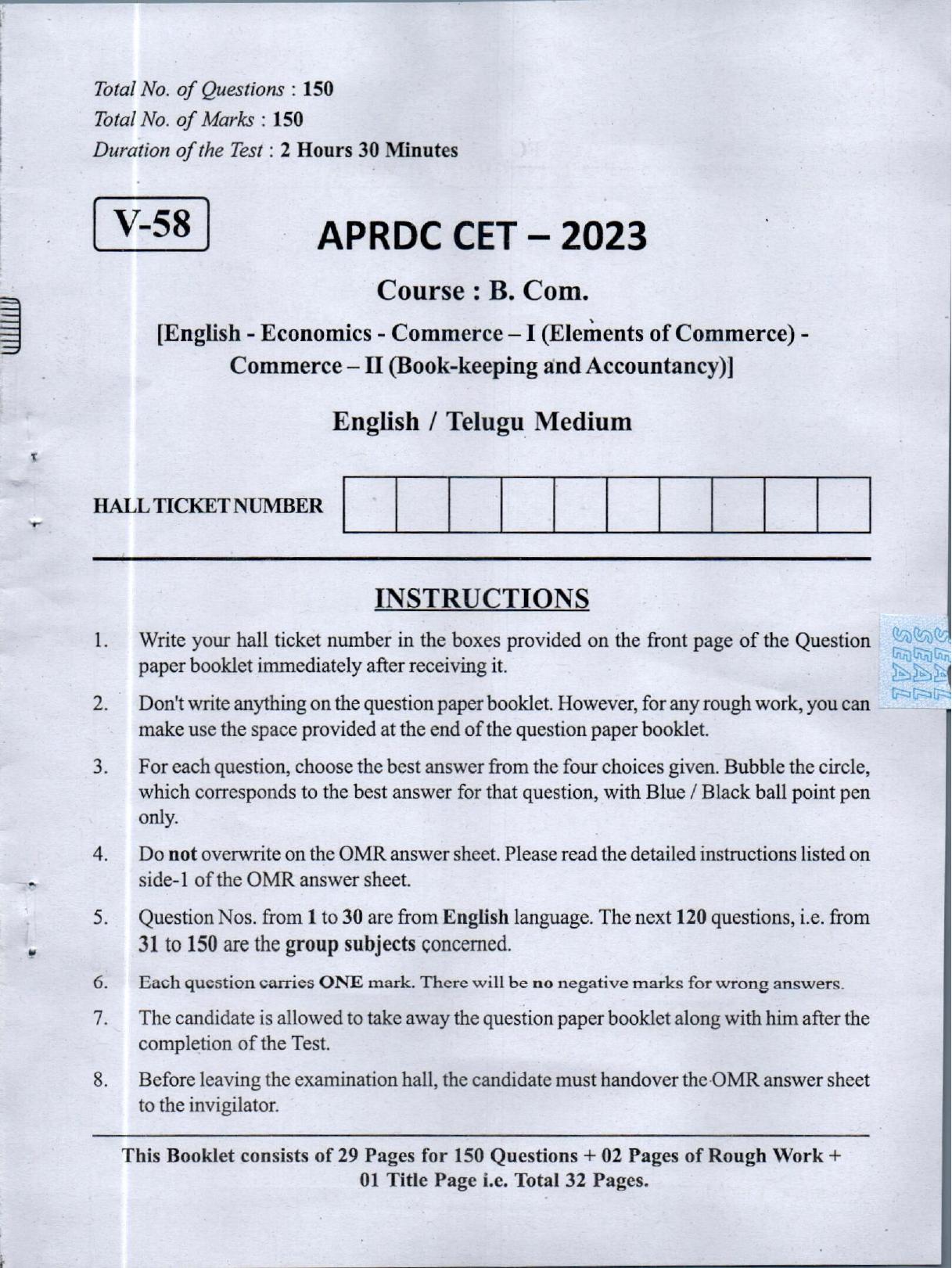 APRDC CET 2023 B.com E&T Model Paper - Page 1