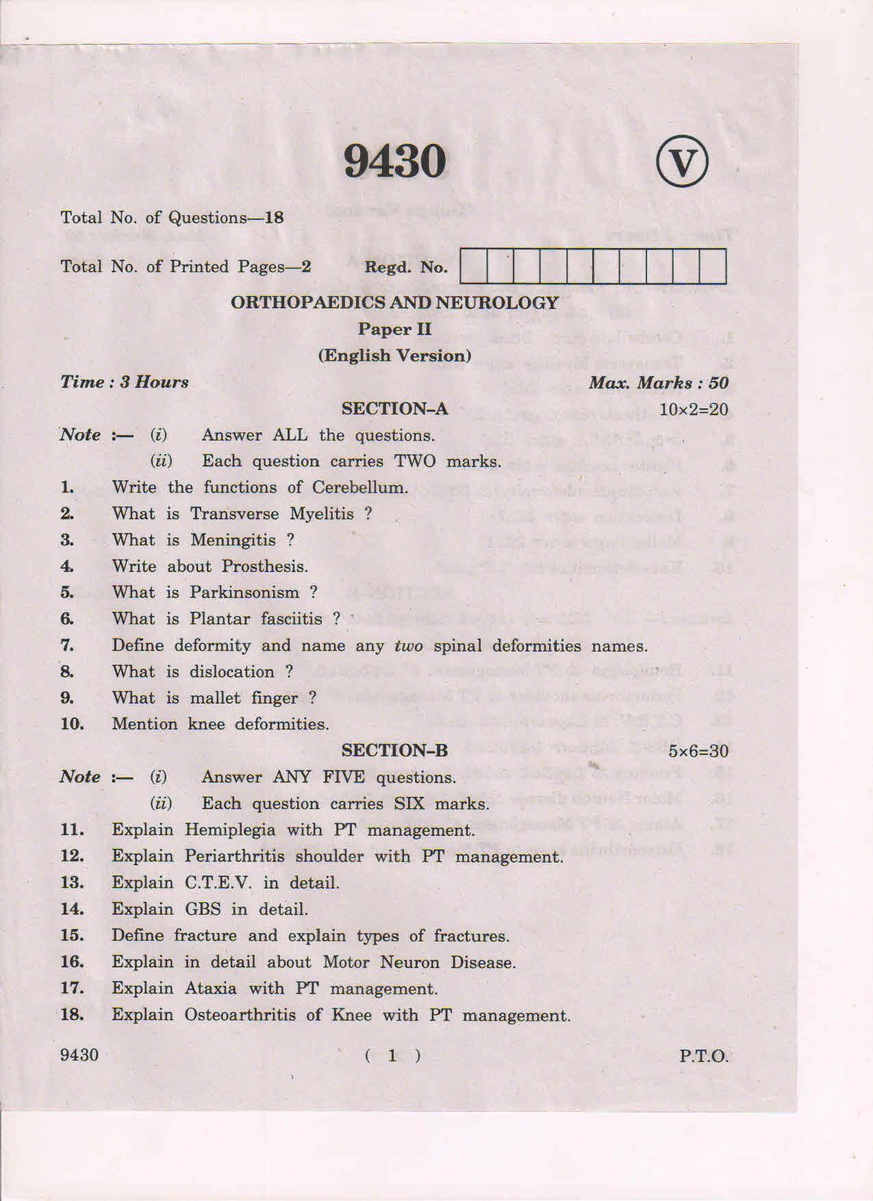 AP Inter 2nd Yea Orthopaedics and Neurology-II March-2019-Vocational Question Paper - Page 1