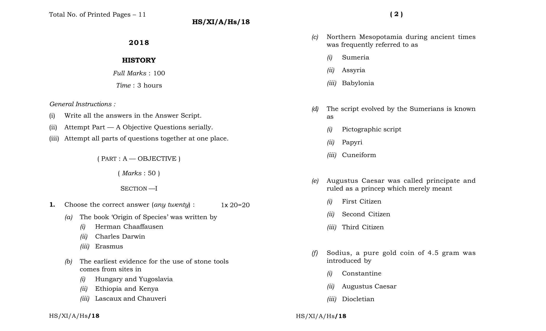 Meghalaya Board (MBOSE) Class 11 History 2018 Question Paper - Page 1