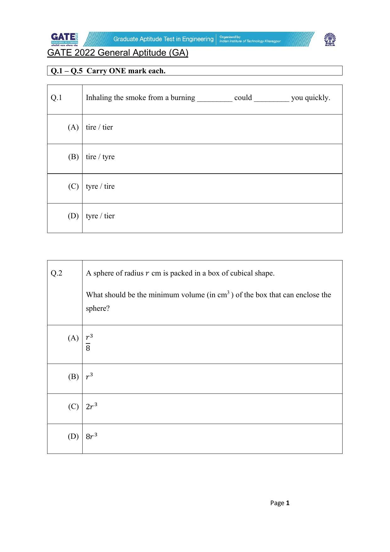 GATE 2022 Textile Engineering and Fibre Science (TF) Question Paper - Page 1