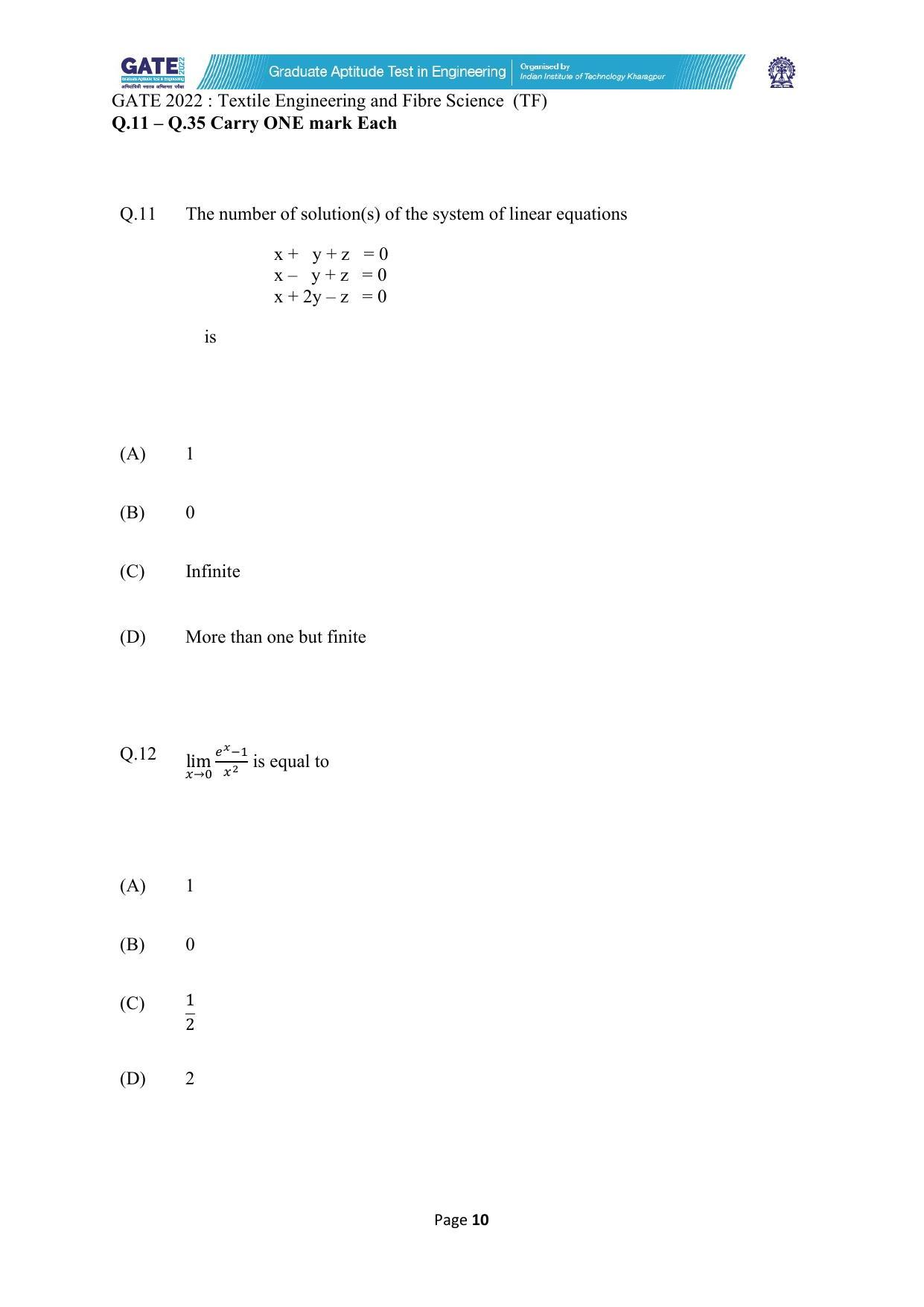 GATE 2022 Textile Engineering and Fibre Science (TF) Question Paper - Page 10