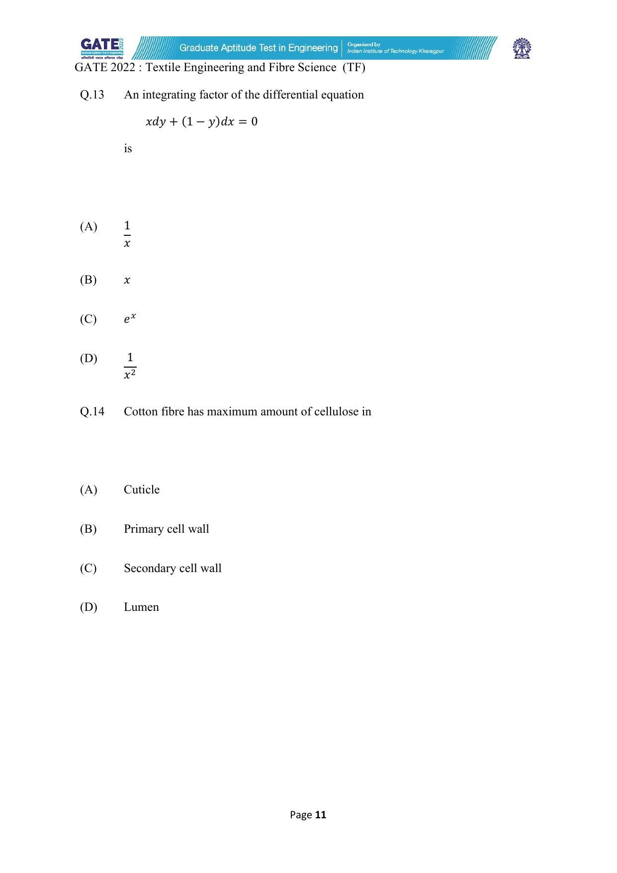 GATE 2022 Textile Engineering and Fibre Science (TF) Question Paper - Page 11