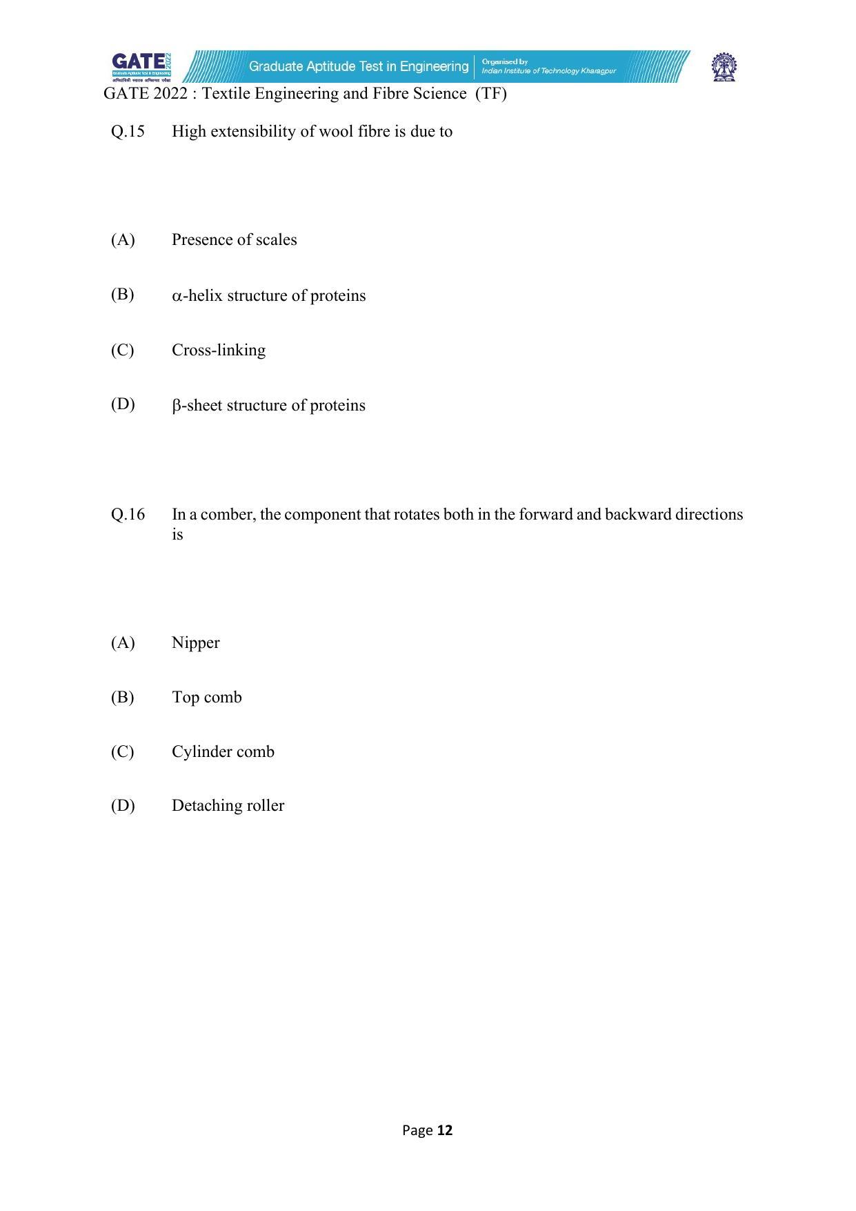 GATE 2022 Textile Engineering and Fibre Science (TF) Question Paper - Page 12