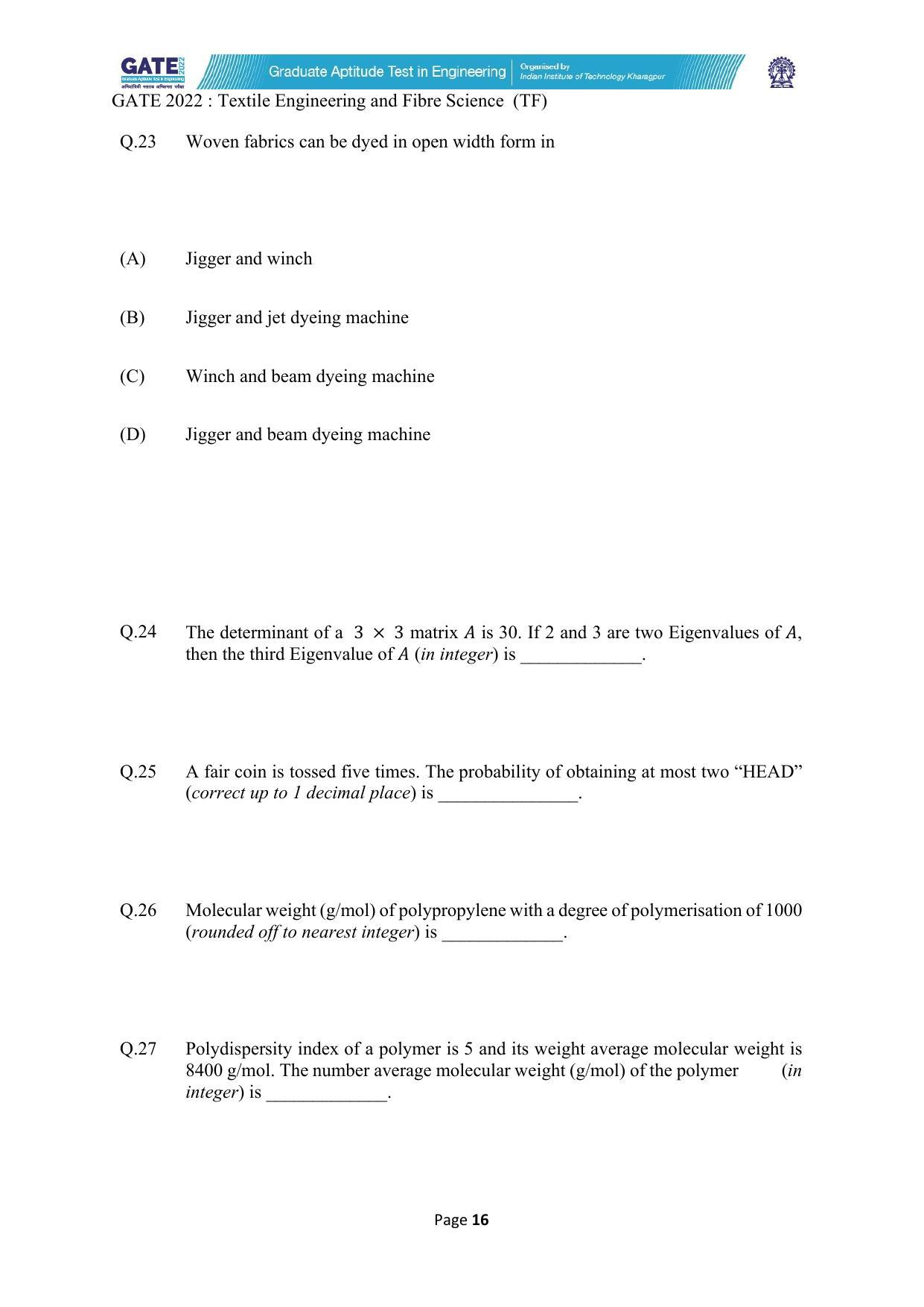 GATE 2022 Textile Engineering and Fibre Science (TF) Question Paper - Page 16