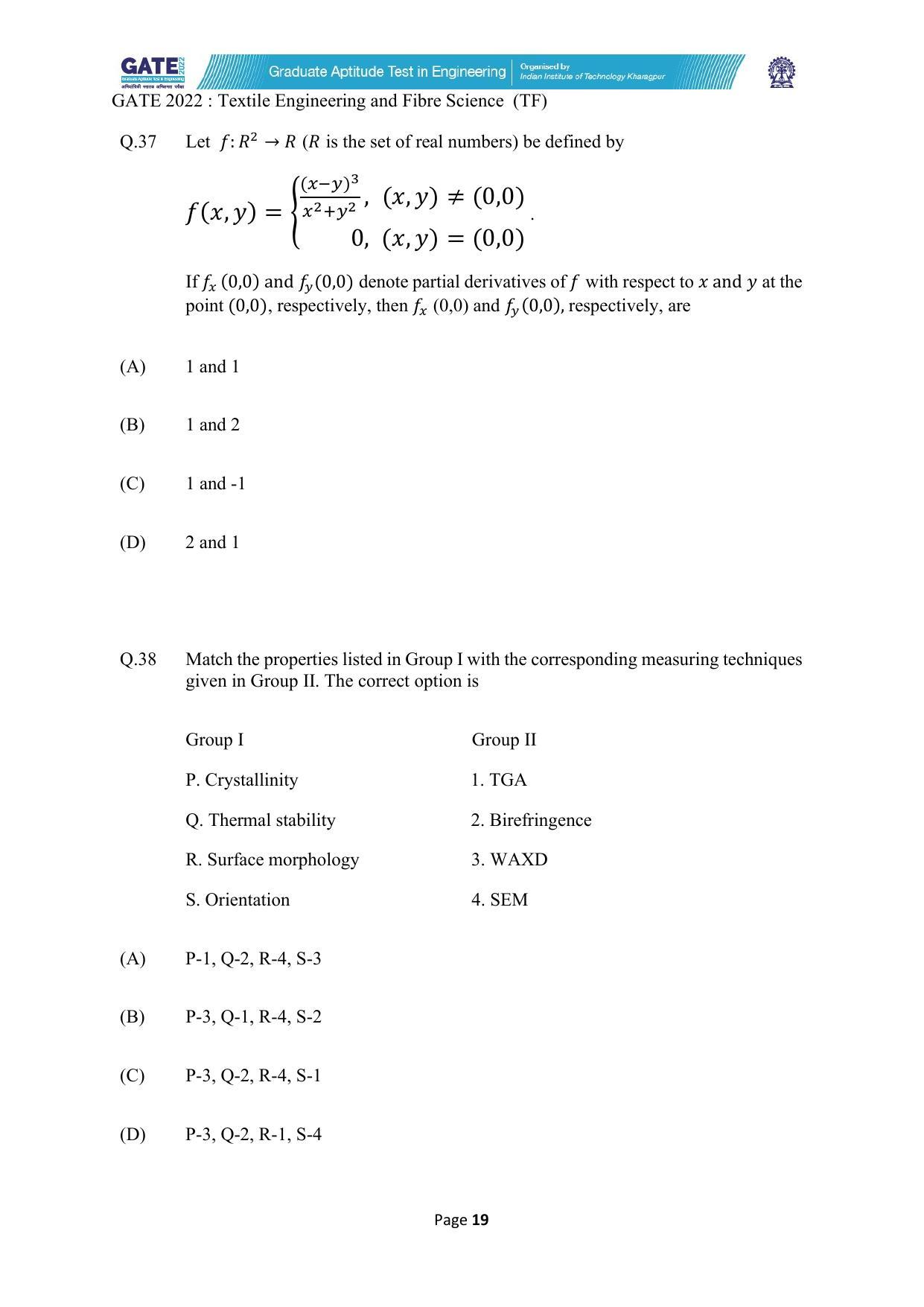 GATE 2022 Textile Engineering and Fibre Science (TF) Question Paper - Page 19