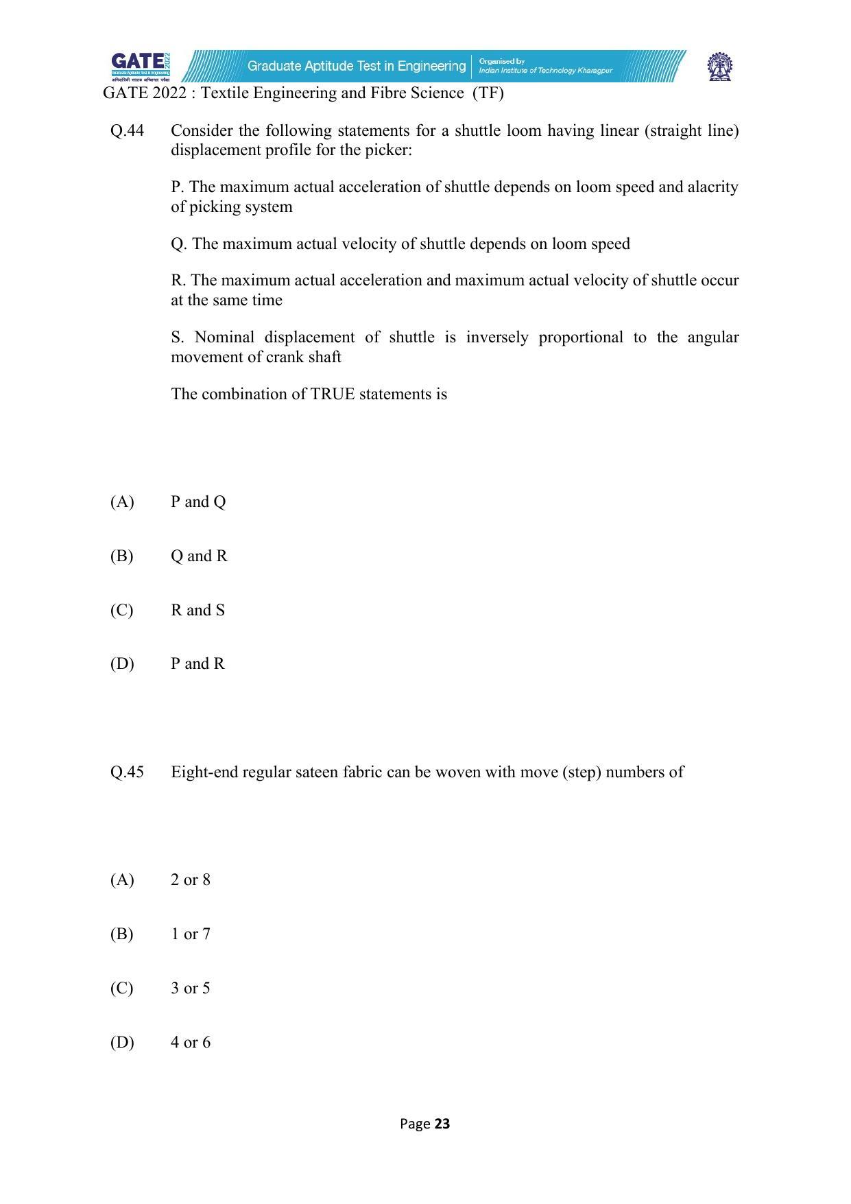 GATE 2022 Textile Engineering and Fibre Science (TF) Question Paper - Page 23