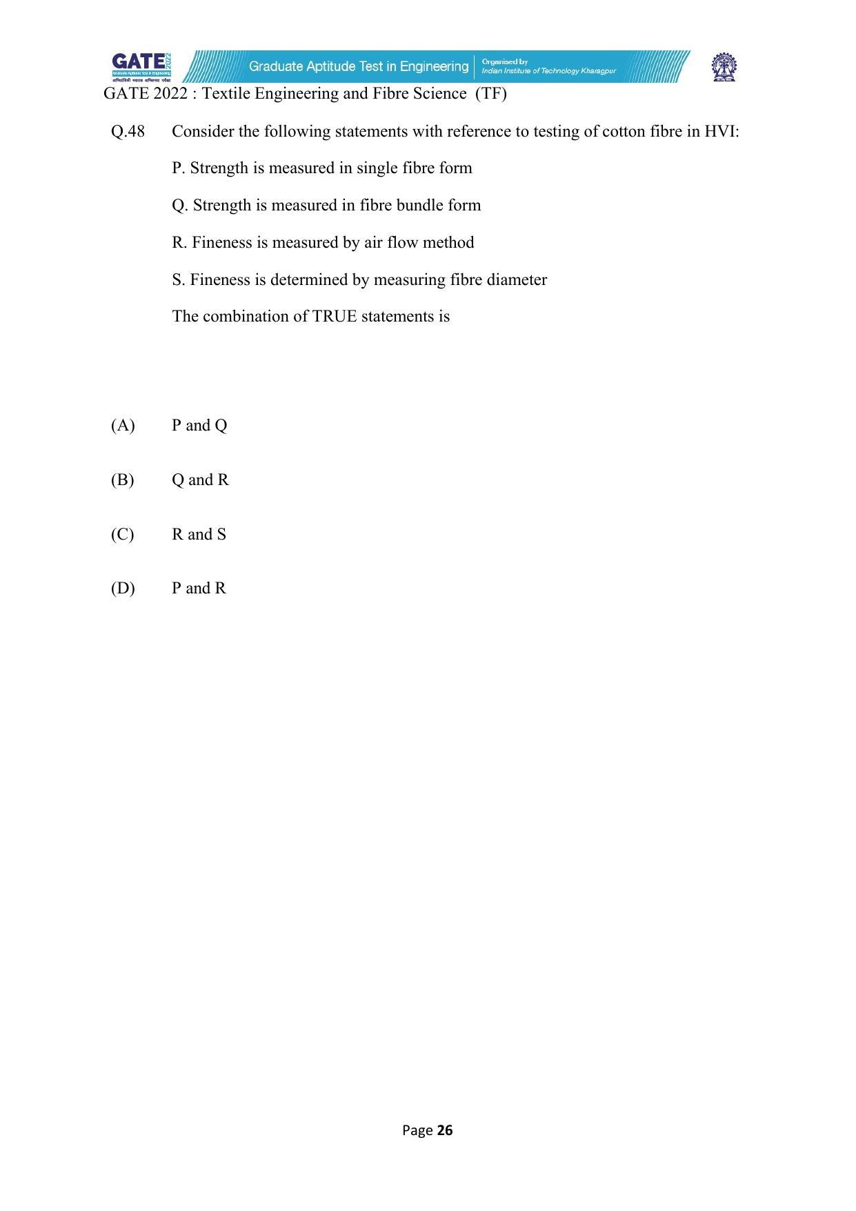 GATE 2022 Textile Engineering and Fibre Science (TF) Question Paper - Page 26
