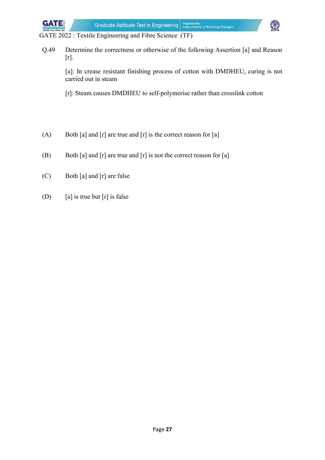 GATE 2022 Textile Engineering and Fibre Science (TF) Question Paper - Page 27