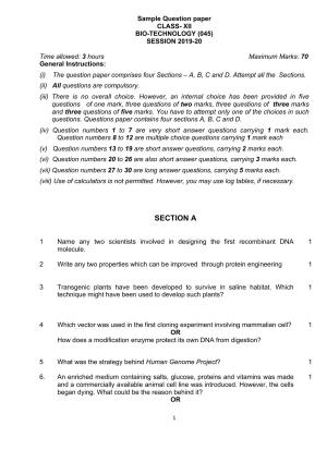 CBSE Class 12 Biotechnology Skill Education-Sample Paper 2019-20