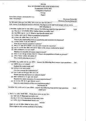 Bilaspur University Question Paper June 2022:M.A. Economics (Second Semester) Demography (Group - C) Paper 1