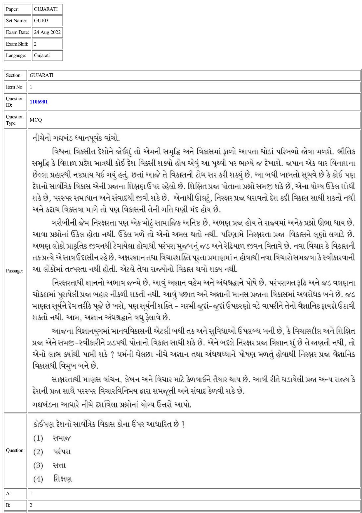 CUET 2022 Question Paper of Gujarati - Page 1
