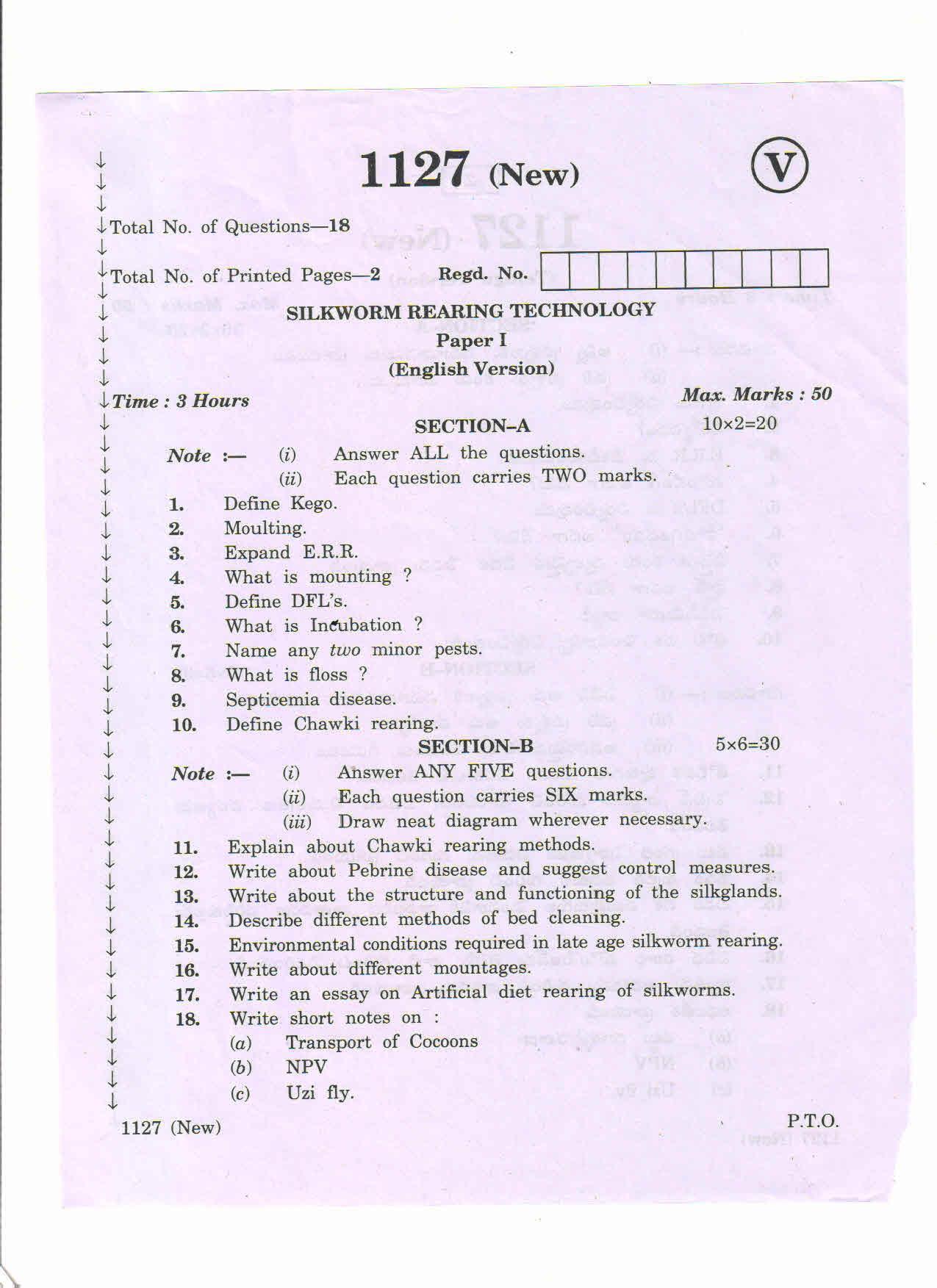 AP Inter 2nd Year Vocational Question Paper March - 2020 - Silkworm Rearing Technology-I - Page 1