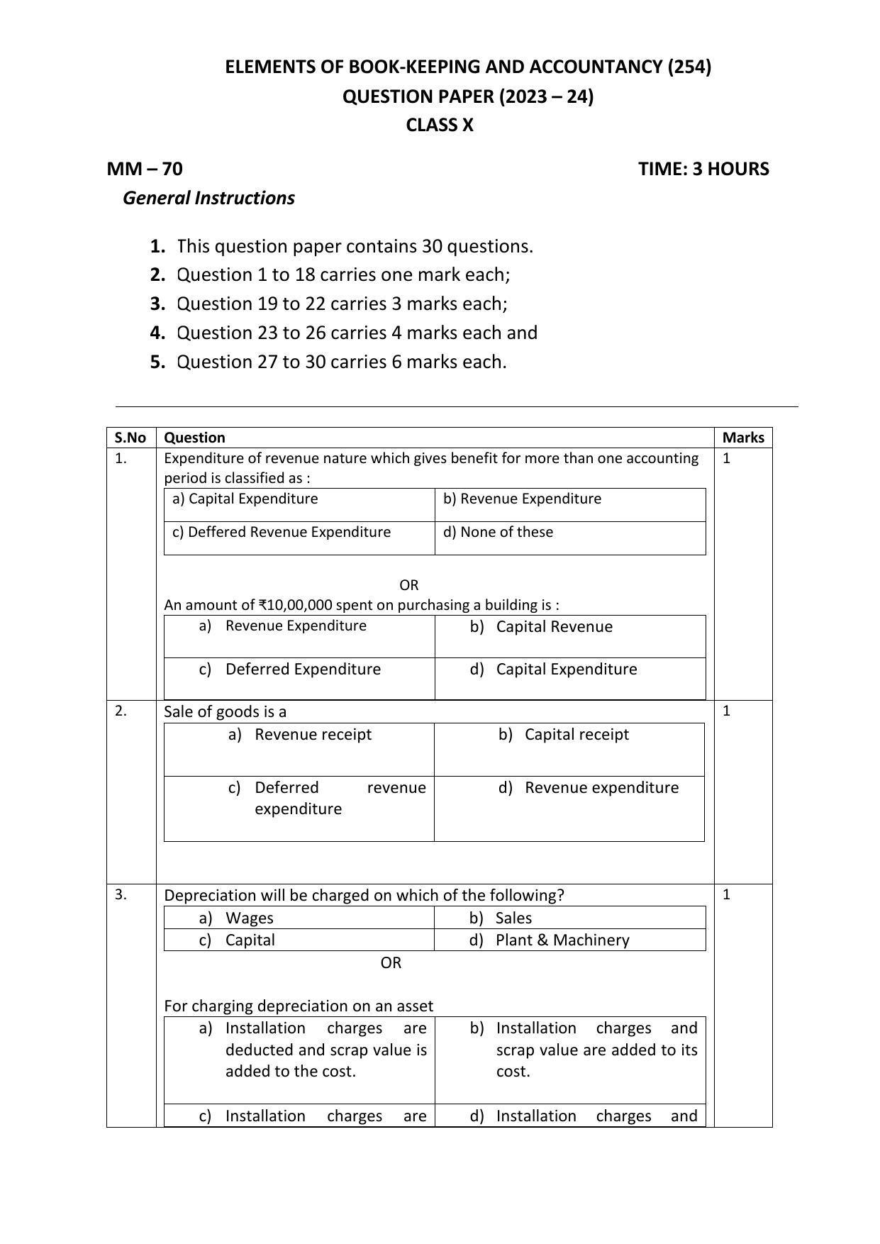 CBSE Class 10 Elements of Book Keeping and Accountancy Sample Paper 2024 - Page 1
