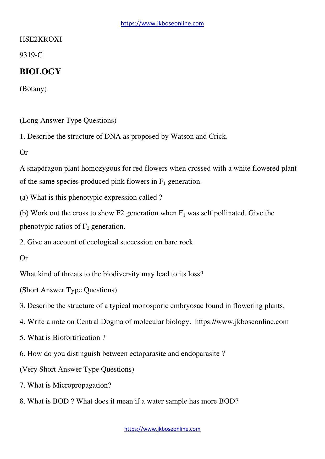 JKBOSE Class 12 Biology-Botany Question Papers 2011 (9319-C) - Page 1