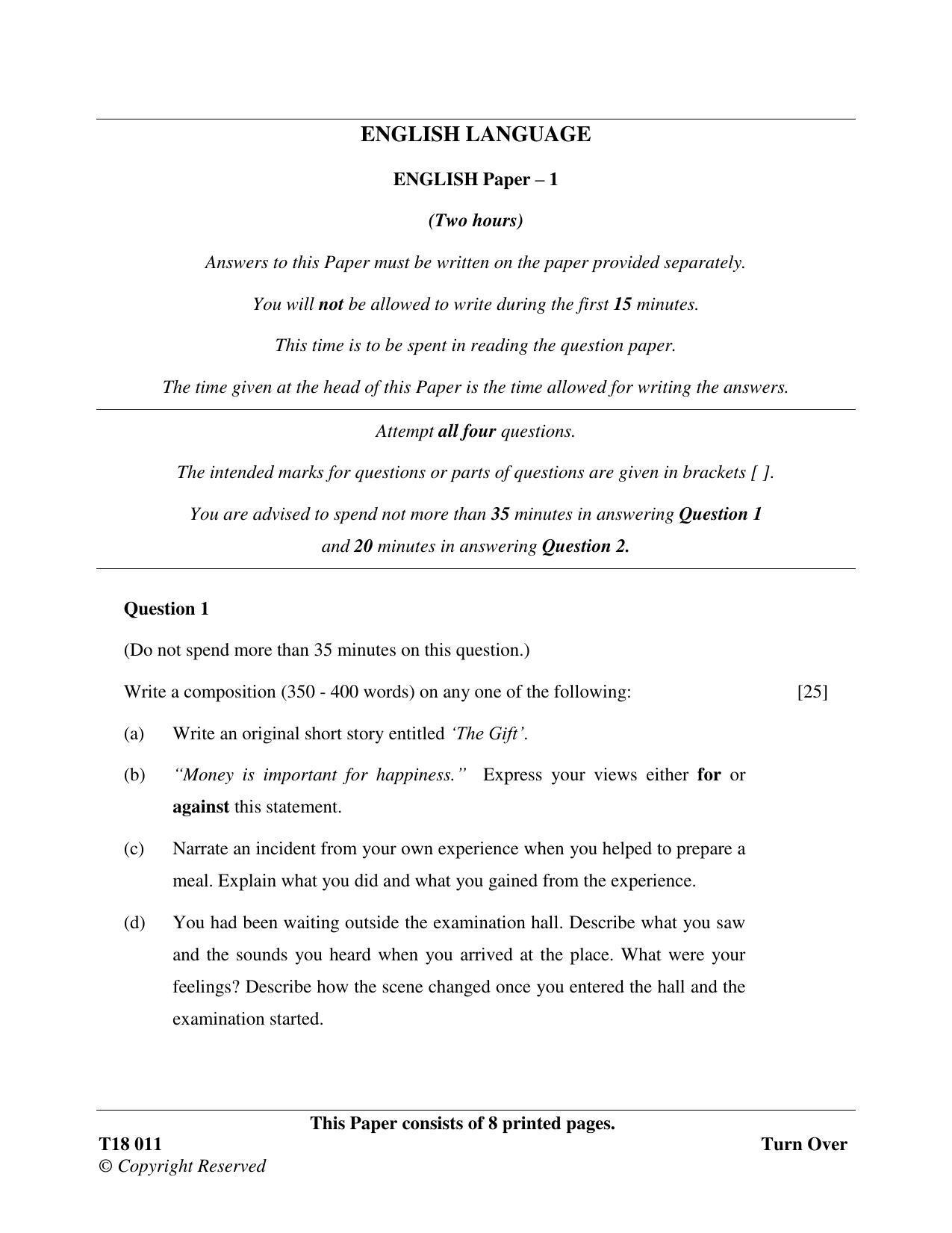 ICSE Class 10 English Paper I 2018 Question Paper - Page 1