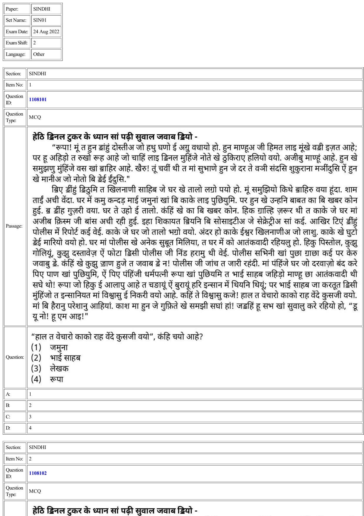 CUET 2022 Question Paper of Sindhi - Page 1