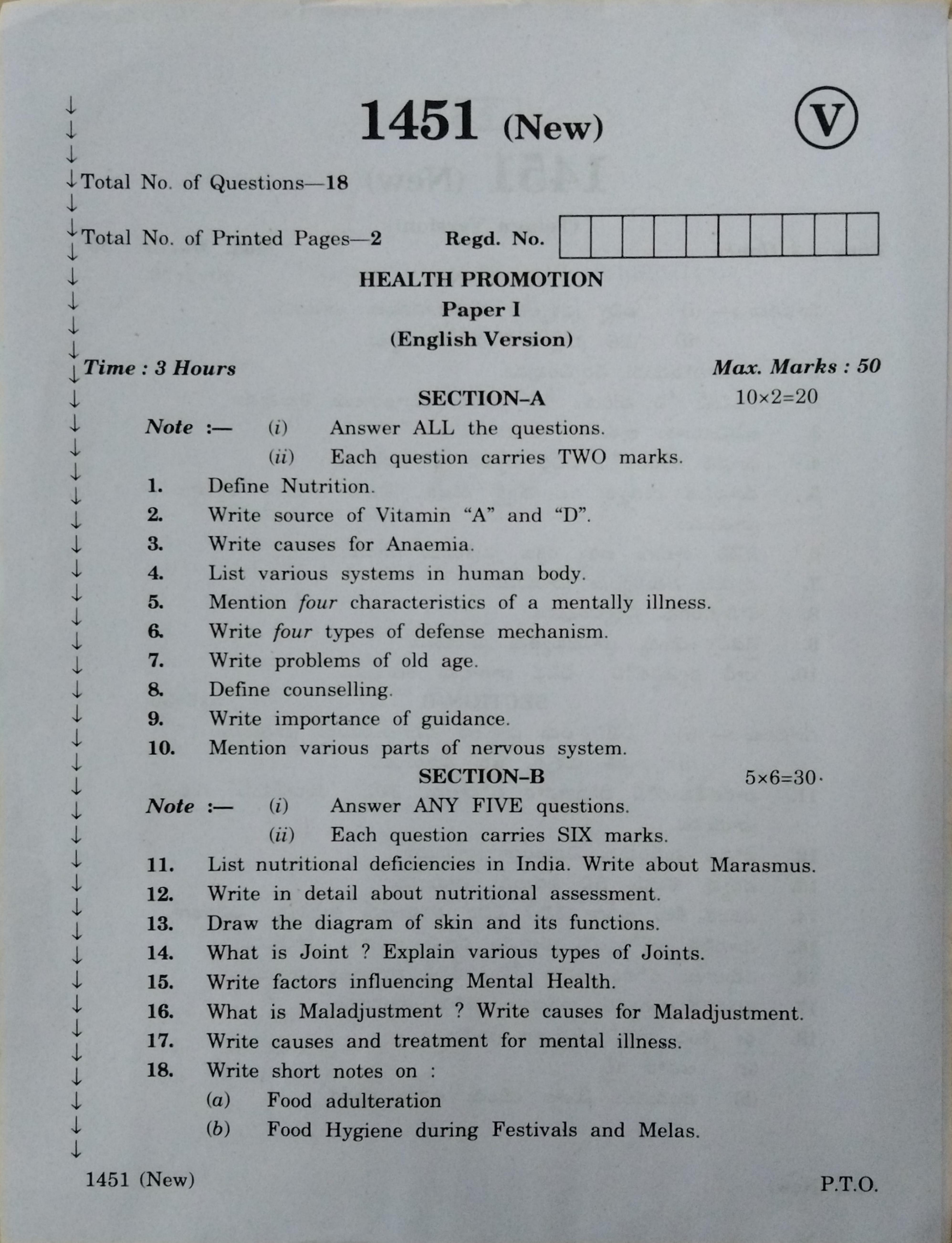 AP Inter 1st Year Health Promotion-I March-2020-Vocational Question Paper - Page 1