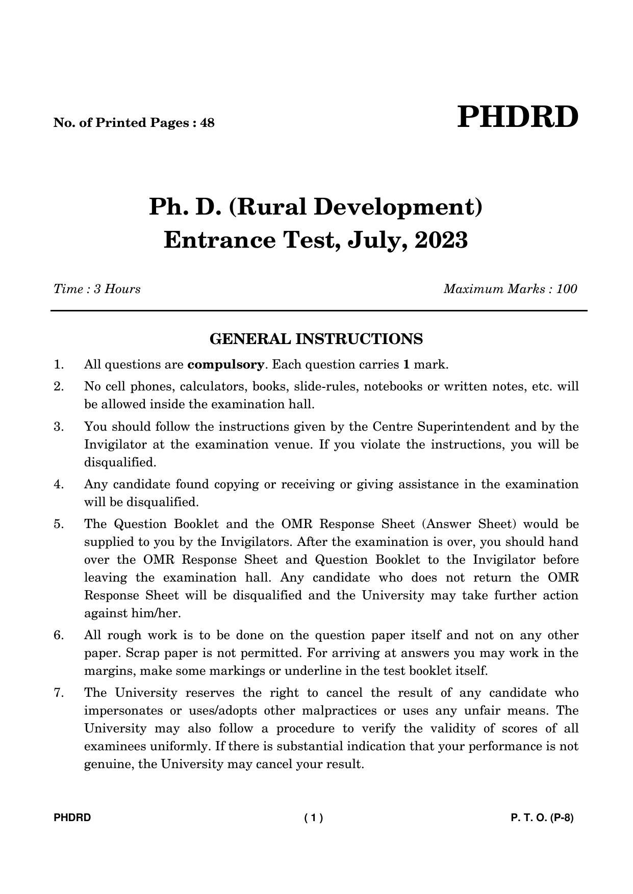 IGNOU PhD Entrance Test Ph. D. (Rural Development) Entrance Test, July, 2023 Question Paper - Page 2