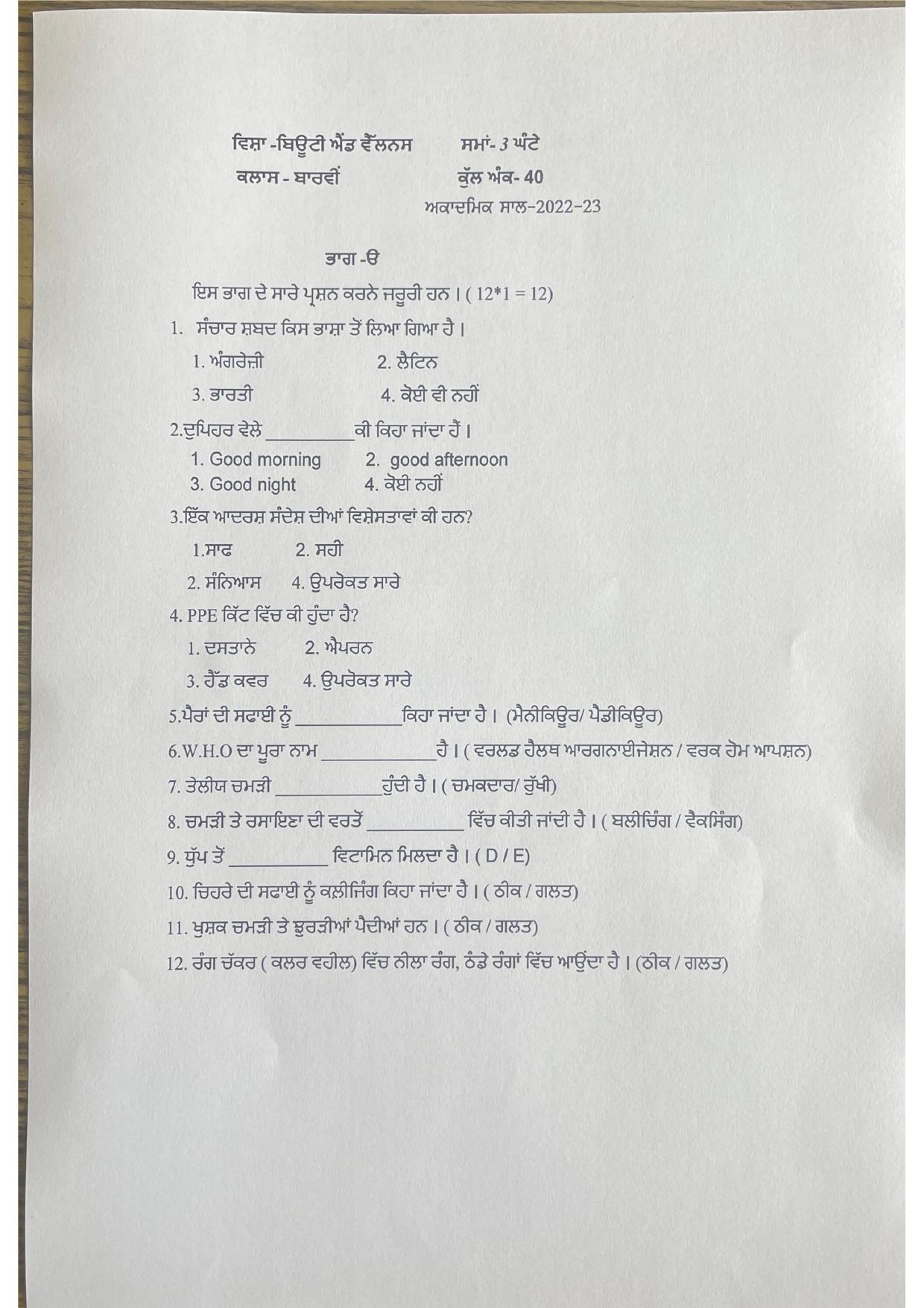 PSEB Class 12 Beauty And Wellness (NSQF) Model Papers - Page 1