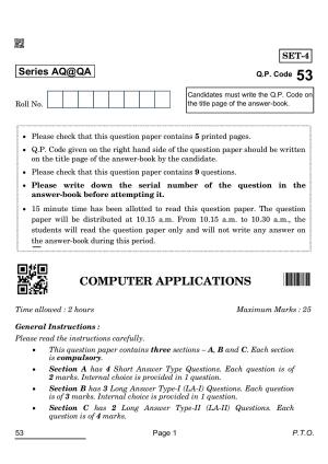 CBSE Class 10 53_Computer Applications 2022 Question Paper