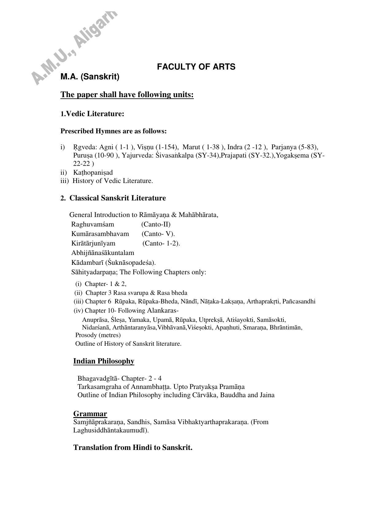 AMU Entrance Exam: AMU Entrance Exam: M.A. Sanskrit Syllabus - Page 1