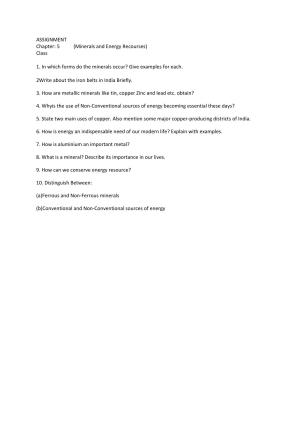 CBSE Worksheets for Class 10 Social Science Geography: Minerals and Energy Resources Assignment 2