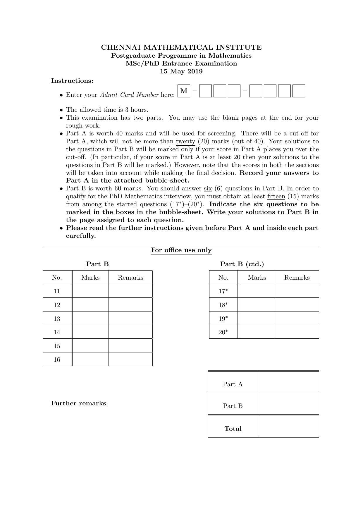 CMI Entrance Exam 2019 Question Paper MSc/PhD Mathematics - Page 1