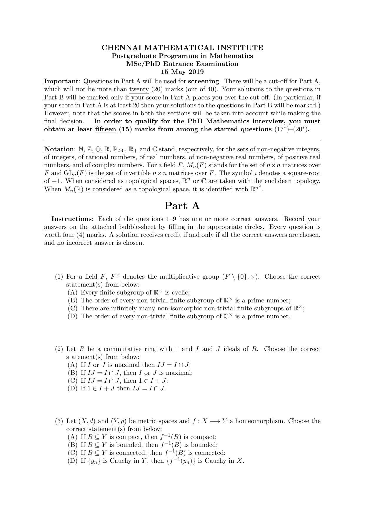 CMI Entrance Exam 2019 Question Paper MSc/PhD Mathematics - Page 3