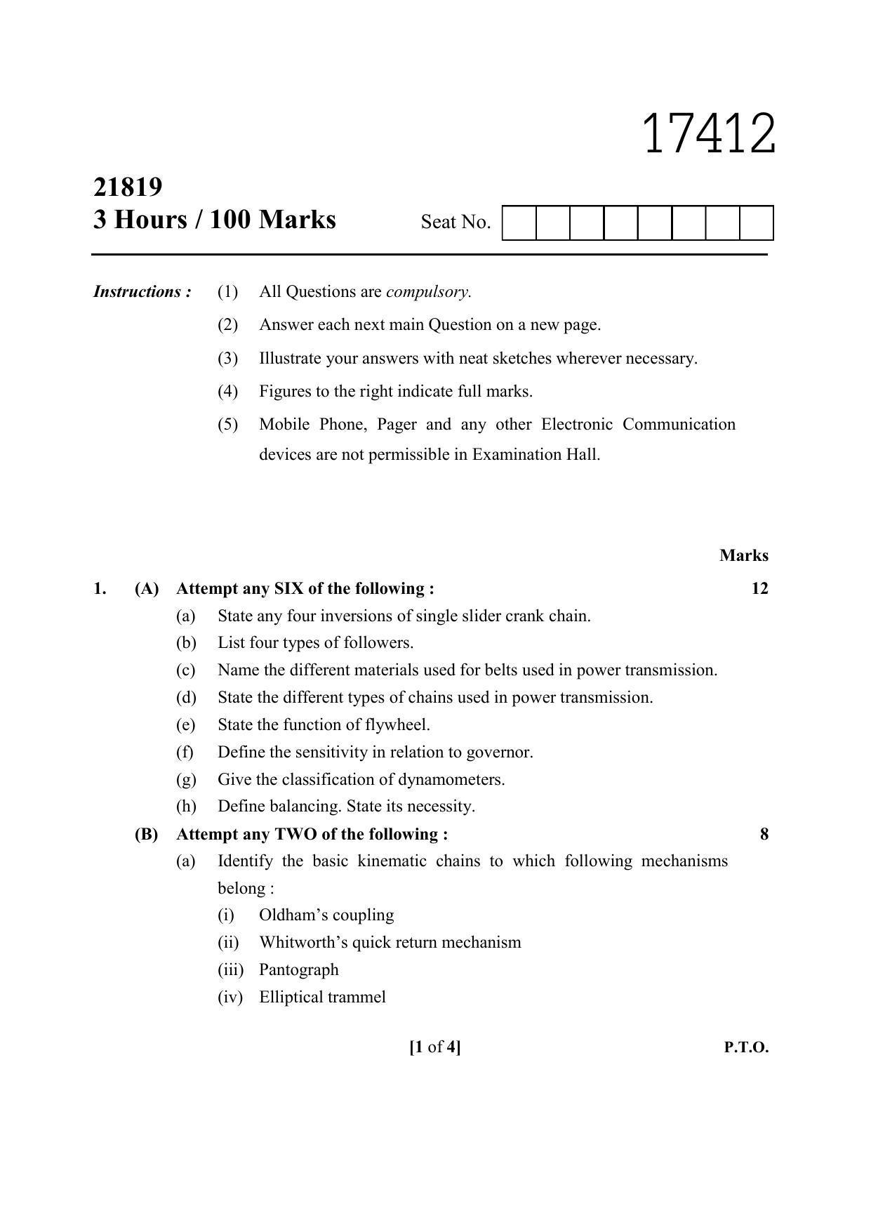 MSBTE Summer Question Paper 2019 - THEORY OF MACHINES - Page 1