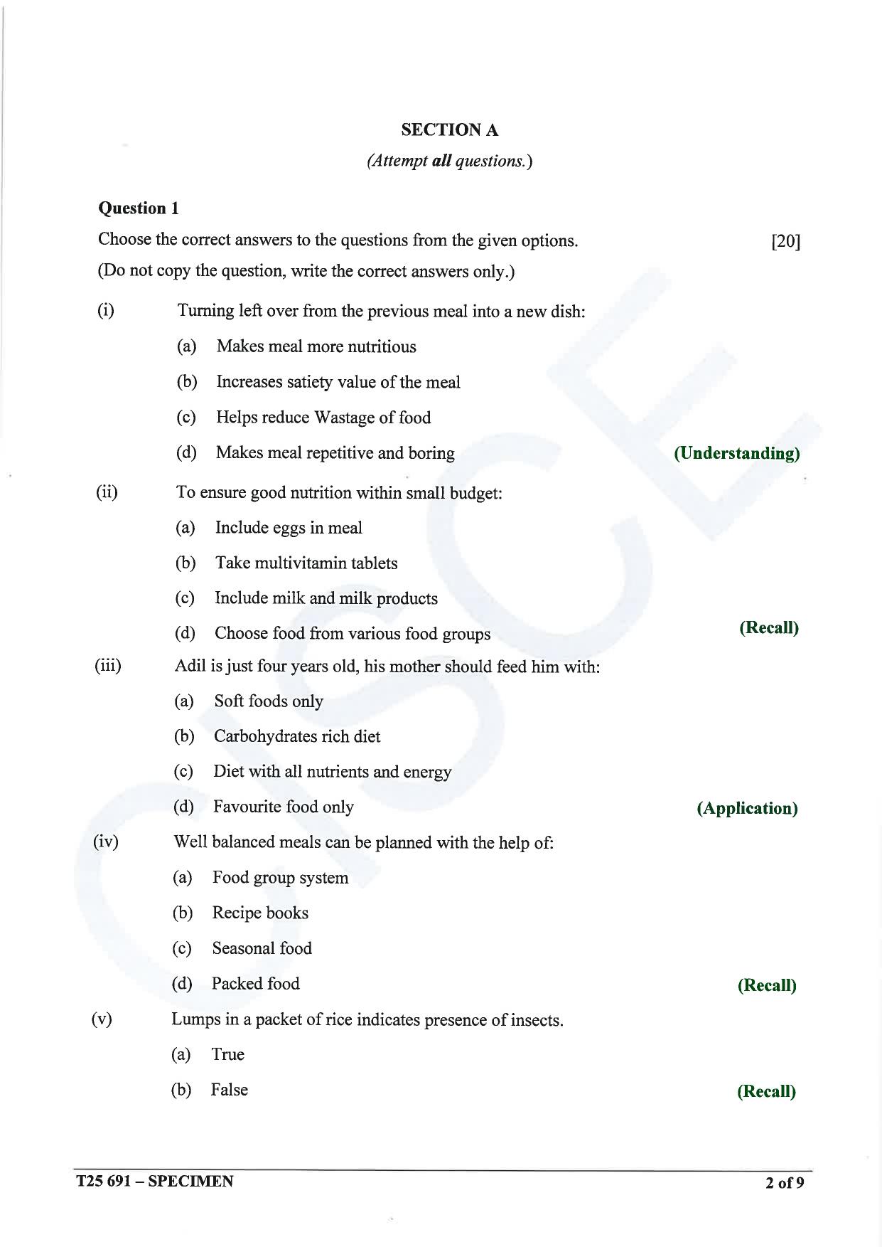 ICSE Class 10 2025 Cookery (QP & MS) Specimen Paper - Page 2