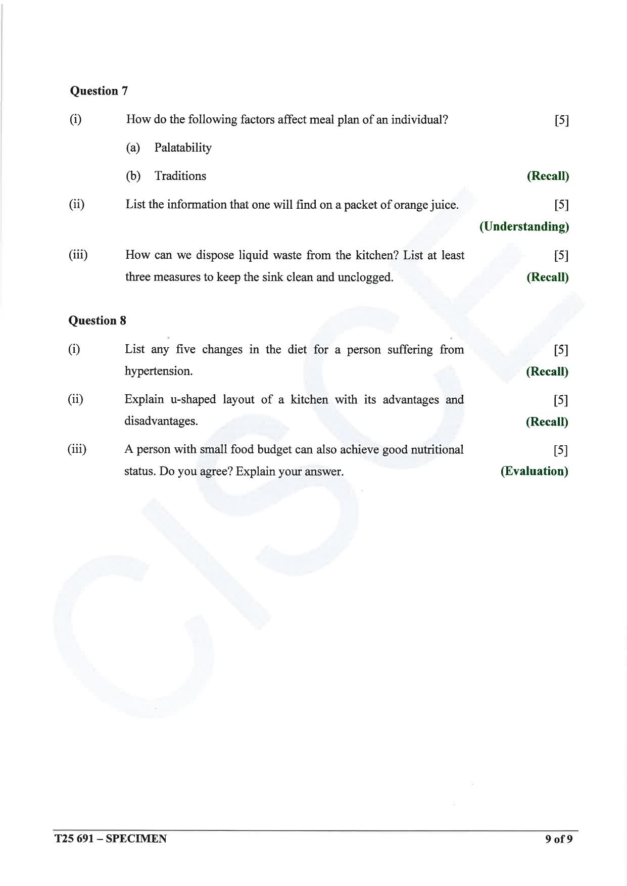 ICSE Class 10 2025 Cookery (QP & MS) Specimen Paper - Page 9