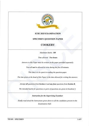 ICSE Class 10 2025 Cookery (QP & MS) Specimen Paper