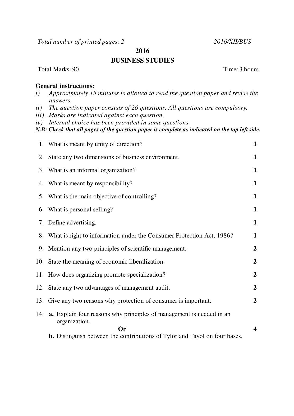 Nagaland Board Class 12 BUSINESS STUDIES 2016 Question Papers - Page 1