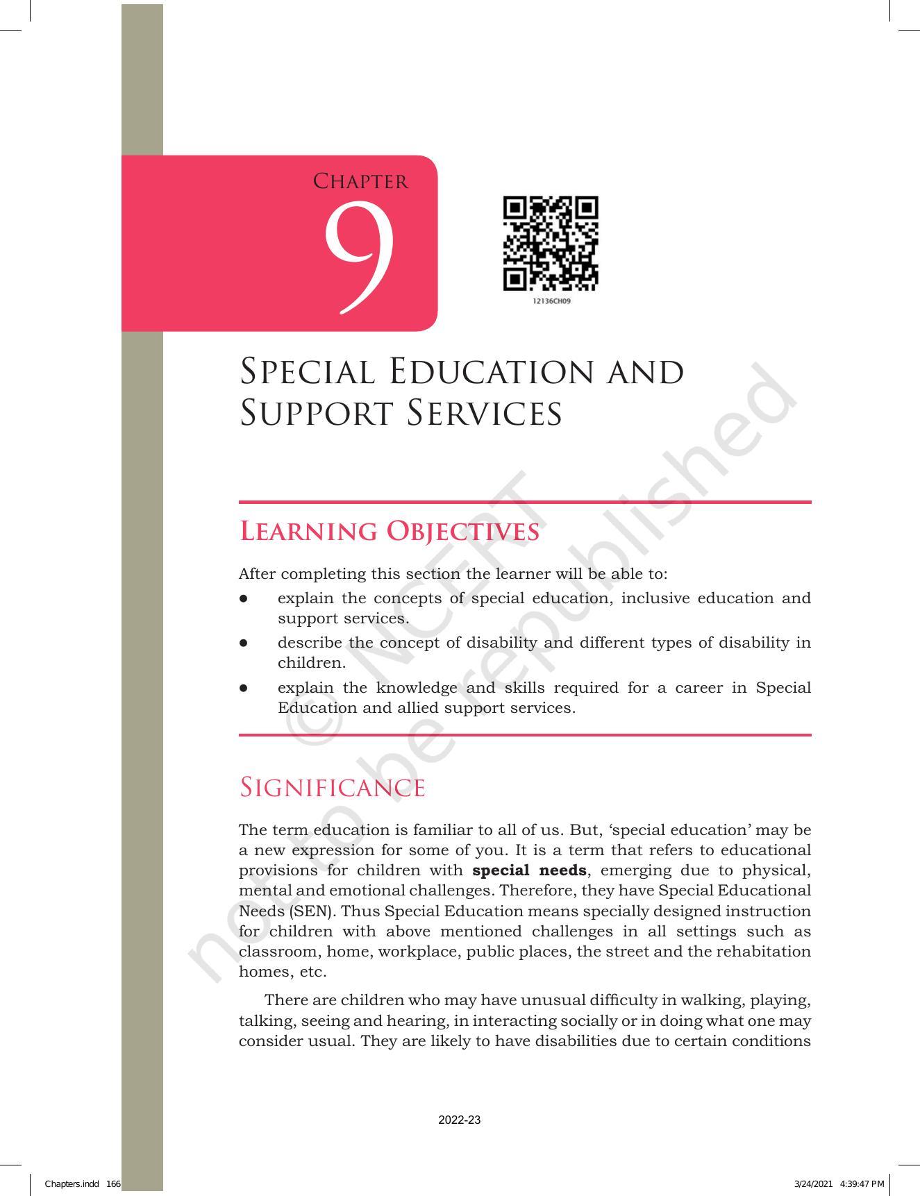 NCERT Book for Class 12 Home Science (Part -I) Chapter 9 Special Education and Support Services - Page 1