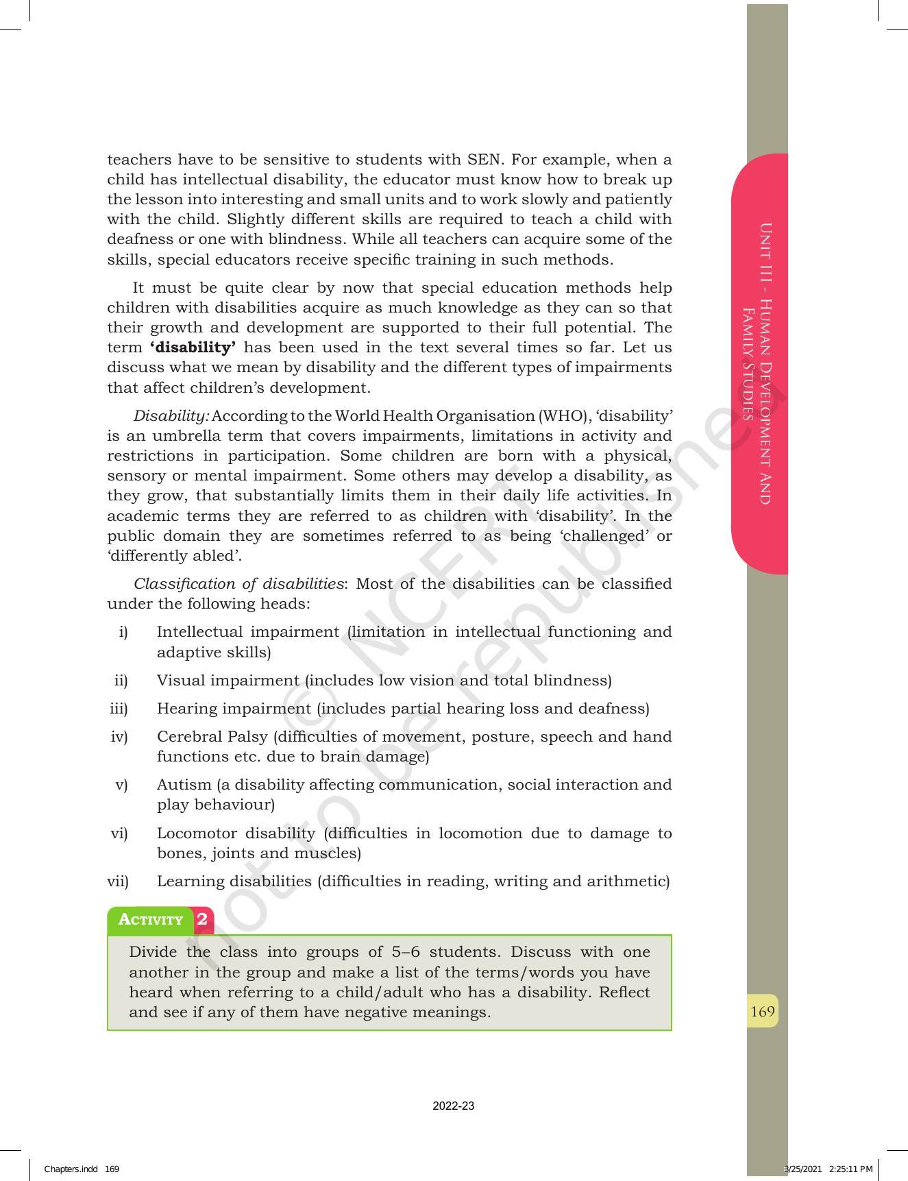NCERT Book for Class 12 Home Science (Part -I) Chapter 9 Special Education and Support Services - Page 4