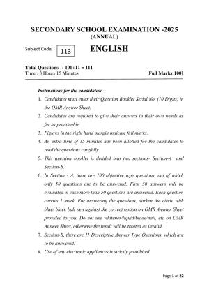 Bihar Board (BSEB) Class X: 113- ENGLISH 2025 Model Question Paper