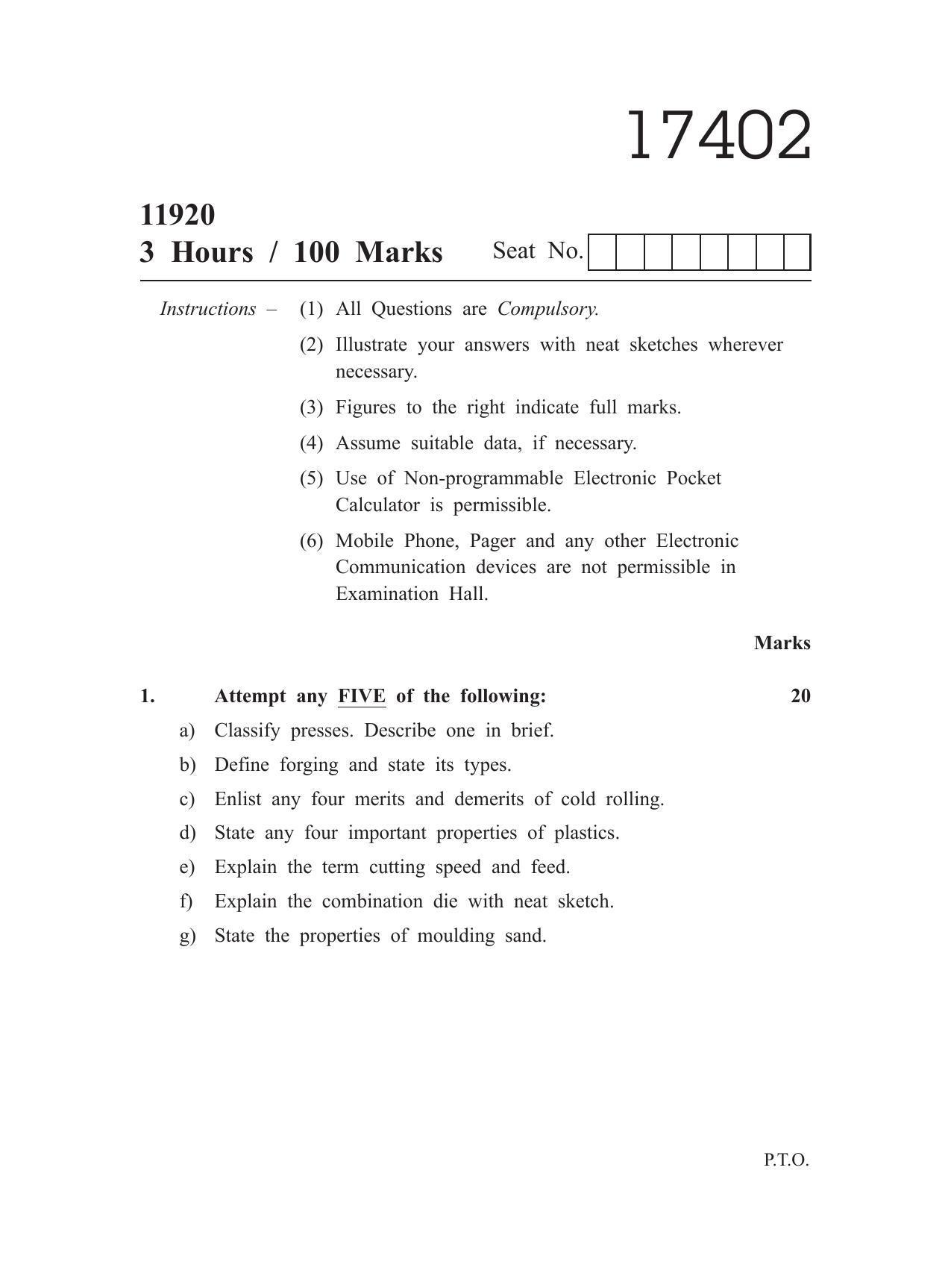 MSBTE Winter Question Paper 2019 - Manufacturing Processes - Page 1