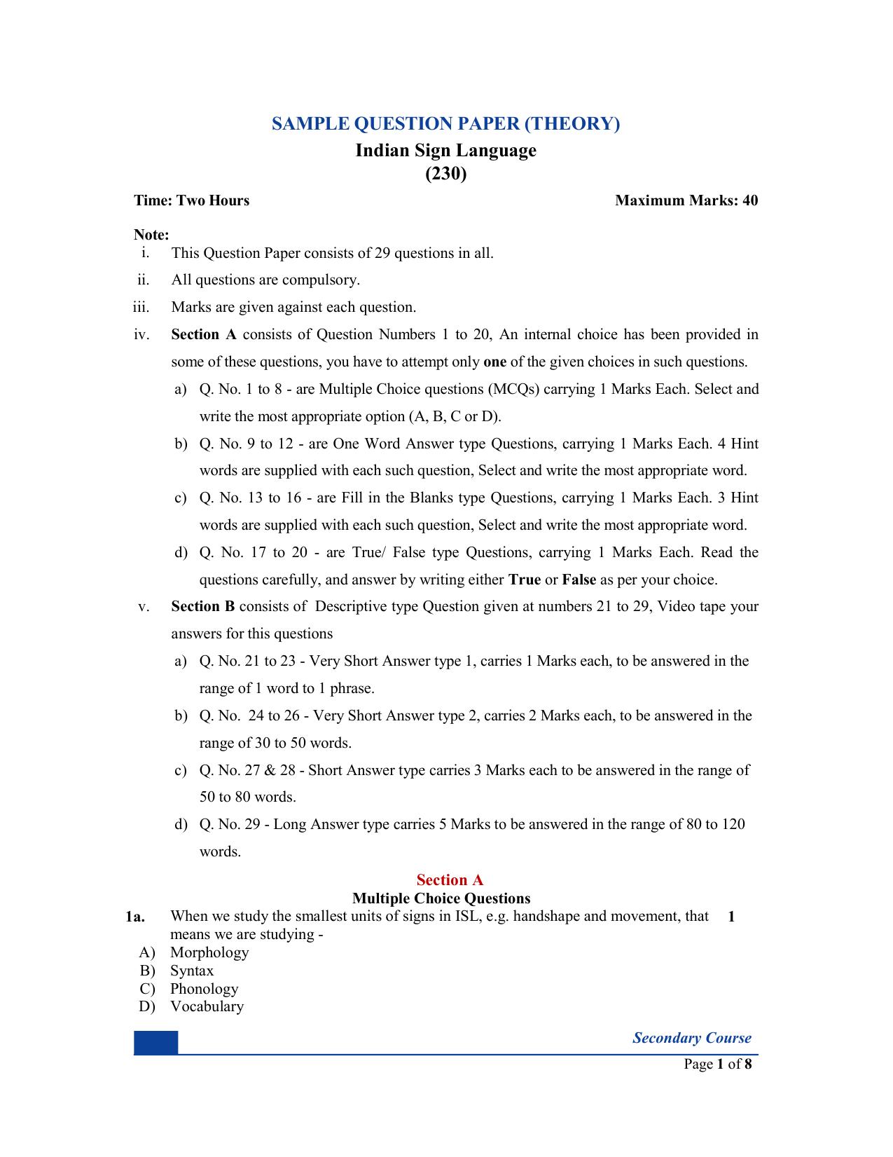 NIOS Class 10 Indian Sign Language (230) Sample Paper - Page 1