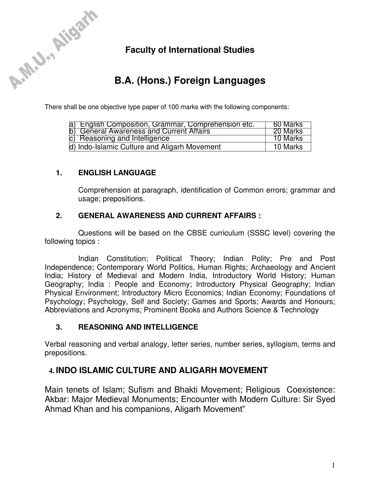 AMU Entrance Exam: B.A.(Hons.)-Foreign Languages Syllabus - Page 1