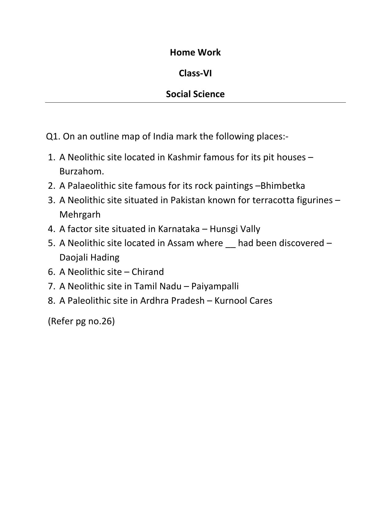 CBSE Worksheets for Class 6 Social Science Neolithic site Assignment - Page 1